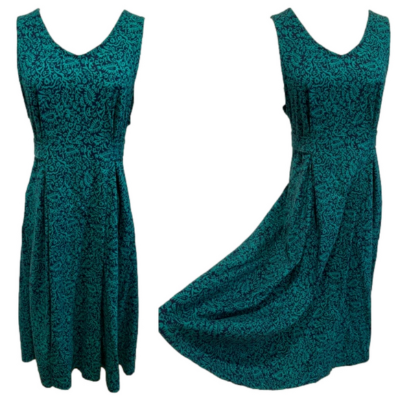 Dresses & Skirts - 70s KNIT NAVY & GREEN PAISLEY HANDMADE COTTAGECORE SLEEVELESS V-NECK MIDI DRESS